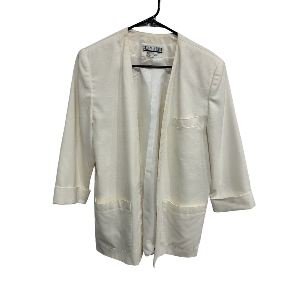 SK & Company Womens Ivory 3/4 Sleeve Open Front Blazer Size 8 Lightweight Chic